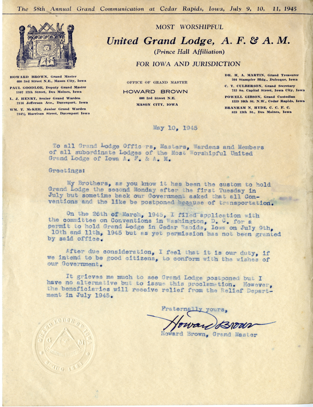 Written on letterhead from United Grand Lodge, Office of Grand Master.