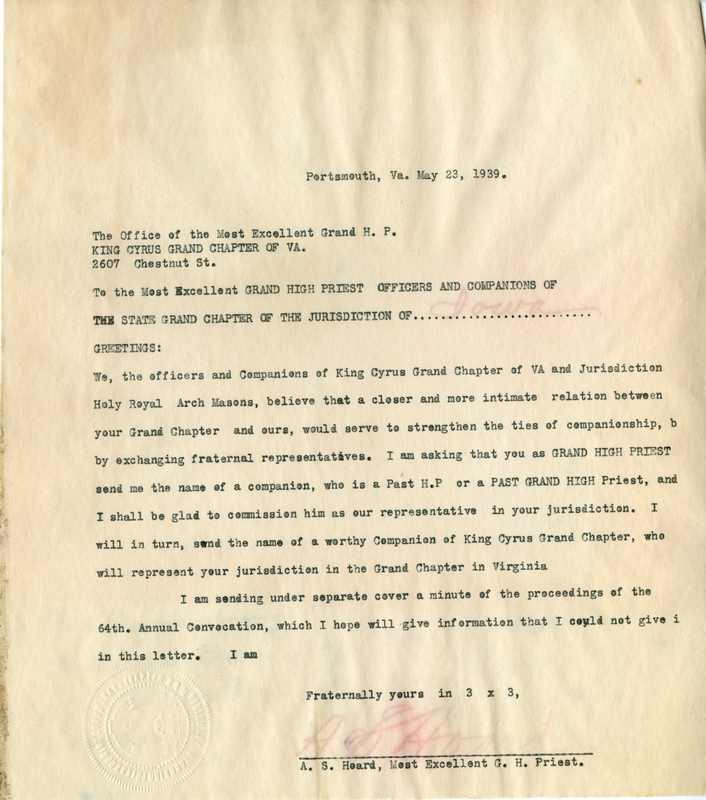 Correspondence Between King Cyrus Grand Chapter Of Va And Jurisdiction And Grand Chapter Of The Jurisdiction Of Iowa