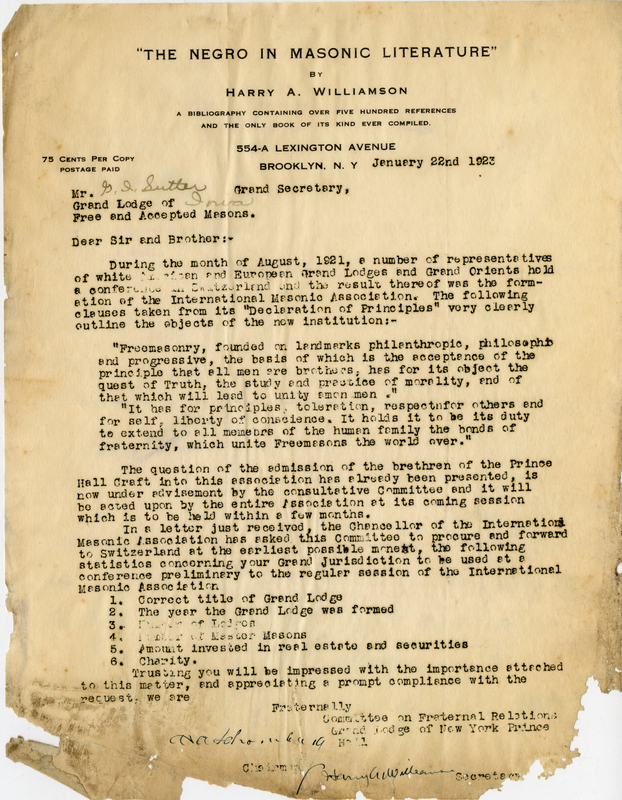 Written on letterhead for "The Negro in Masonic Literature" by Harry Williamson.