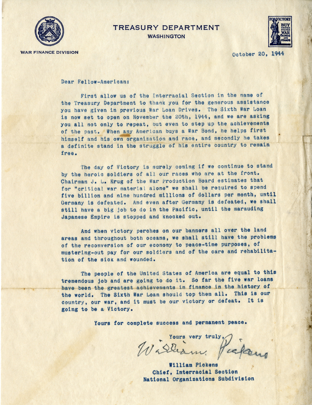 Written on letterhead from Treasury Department, Washington, War Finance Division.