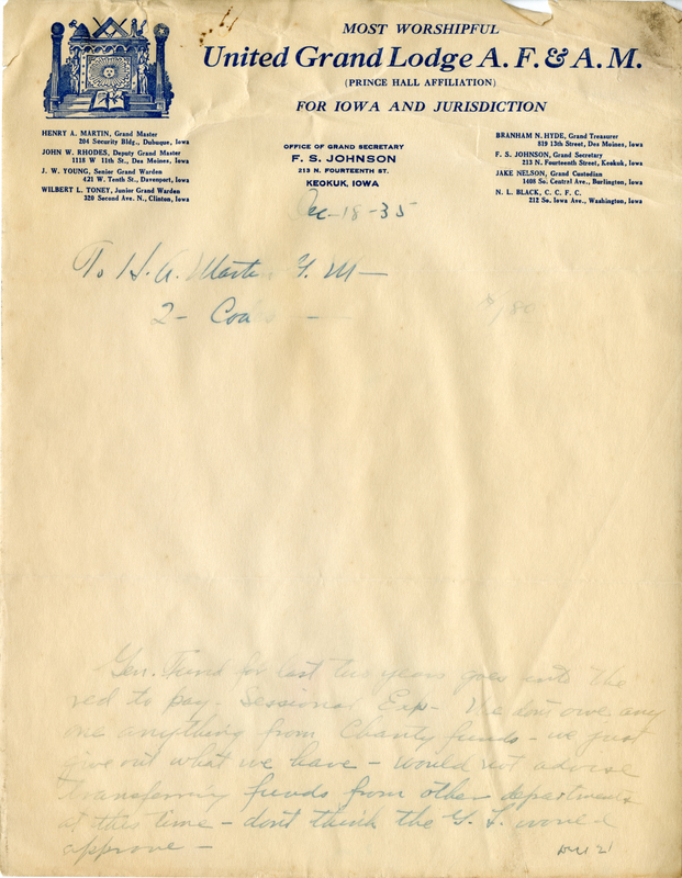 Written on letterhead from United Grand Lodge, Office of Grand Secretary.