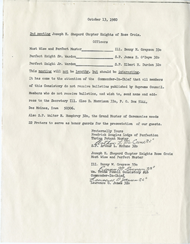 Lists various committees and rosters for them. Most are 32° master masons.