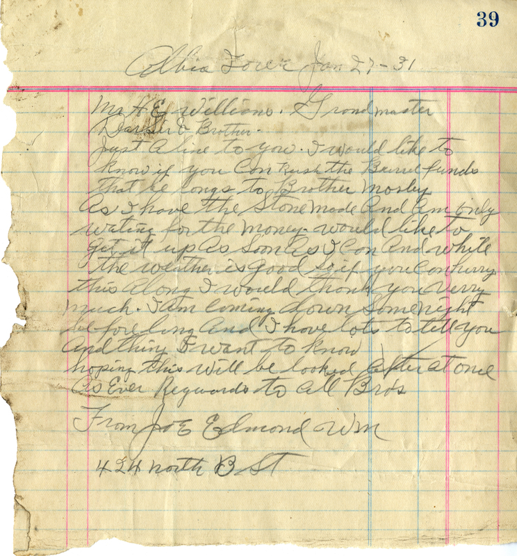 Correspondence Between Joe Edmond To Grand Master H. E. Williams