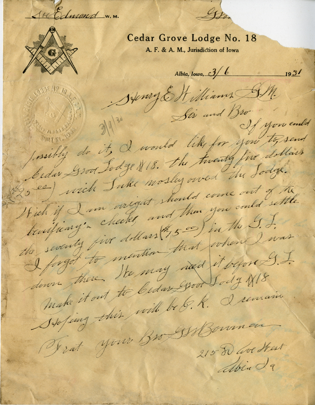Written on letterhead from Cedar Grove lodge #18.