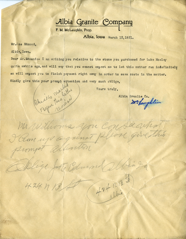 Written on letterhead from Albia Granite Company.