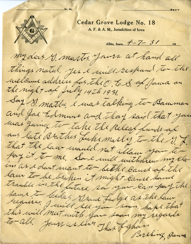 Written on letterhead from Cedar Grove lodge #18.
