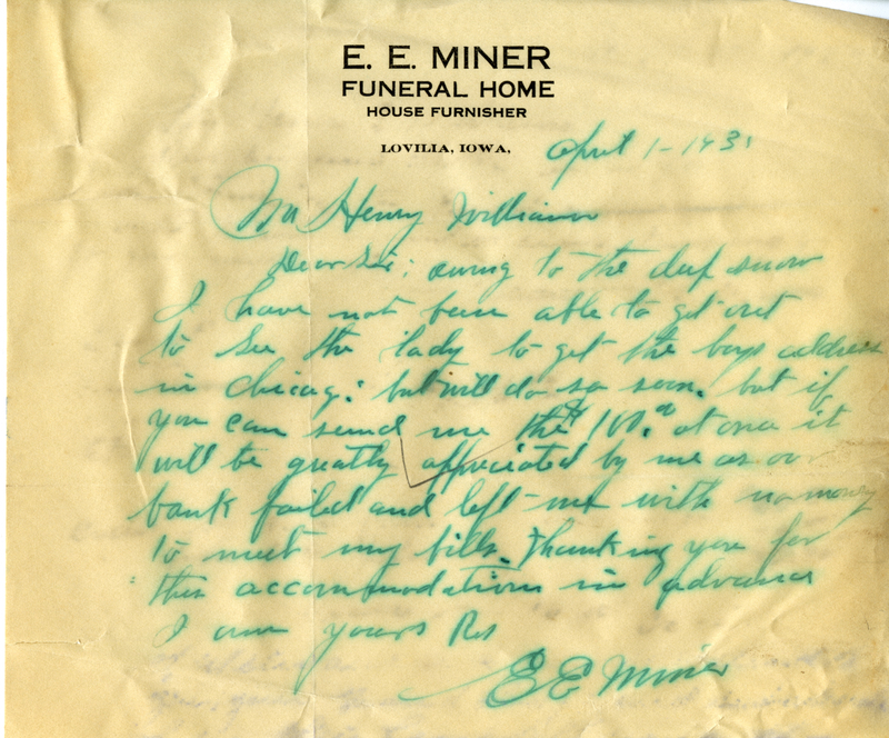 Written on letterhead from E. E. Miner Funeral Home and House Furnisher.