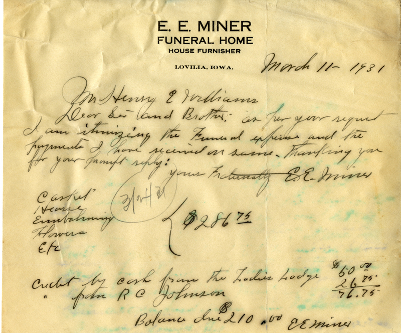 Written on letterhead from E. E. Miner Funeral Home and House Furnisher.