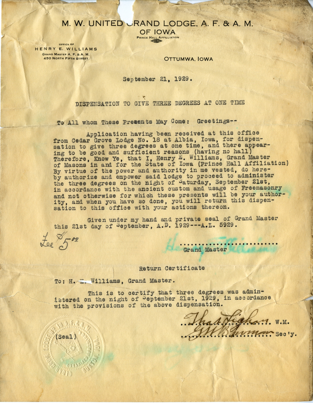 Written on letterhead from United Grand Lodge of Iowa, Office of Grand Master.
