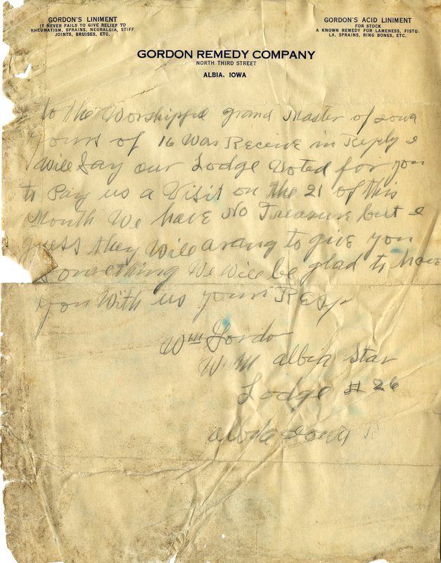 Written on letterhead for Gordon Remedy Company, Gordon's Liniment, Gordon's Acid Liniment.