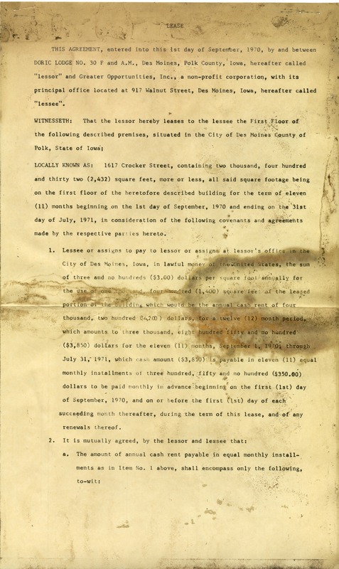 Lease agreement from Doric lodge #30 (landlord) to Tiny Tot Comprehensive Child Care Inc. (tenants).