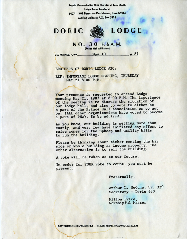 Written on letterhead for Dorice lodge #30.