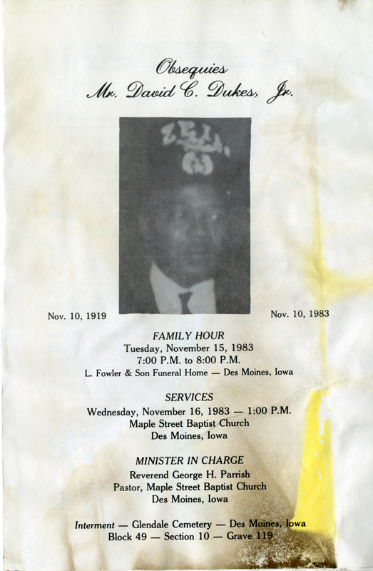Dukes, born 11/10/1919, died 11/10/1983. Order of service, obituary, and Lord's prayer.