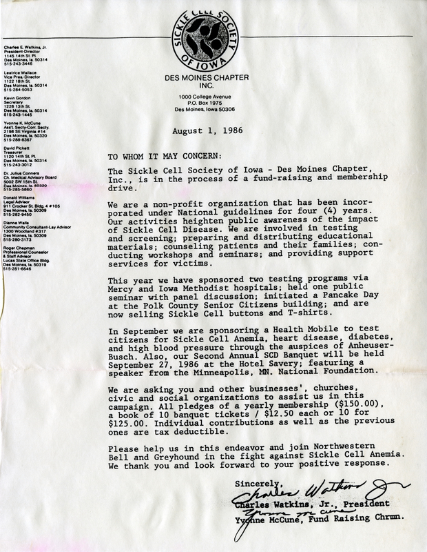 Correspondence From Sickle Cell Society Of Iowa