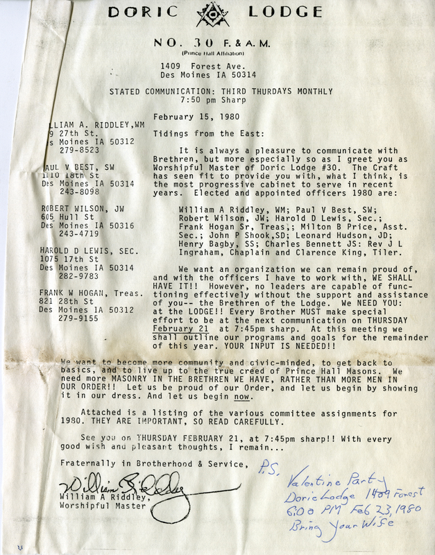Describes new lodge cabinet and lists team assignments. Written on Doric lodge #30 letterhead.