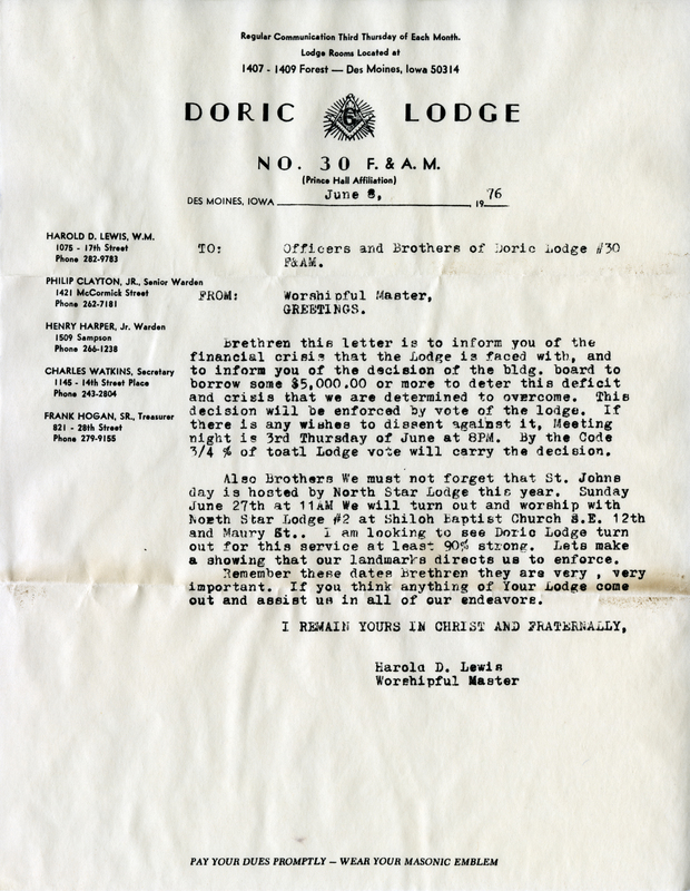 Describes financial problems concerning Doric lodge #30.