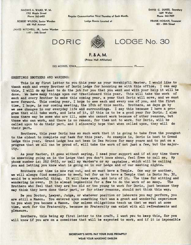 Written on Doric lodge #30 letterhead.