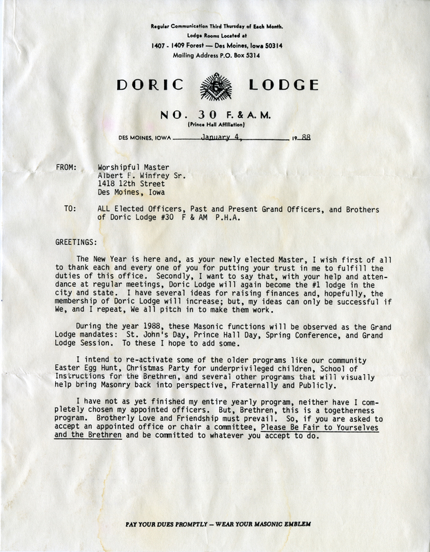 New Years announcment from newly elected Worshipful Master Winfrey. Written on letterhead from Doric lodge #30.