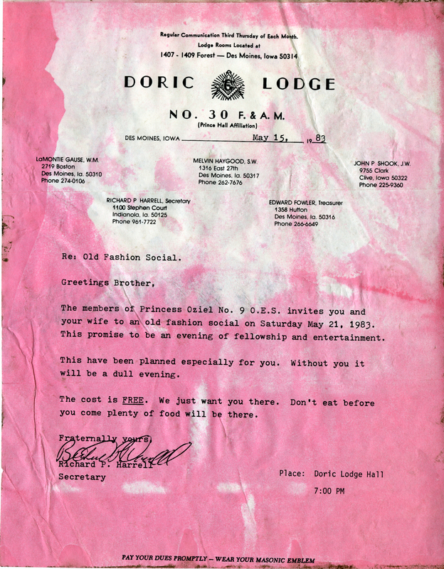 Announcing all brothers and wives being invited to a social. Written on Doric lodge #30 letterhead.