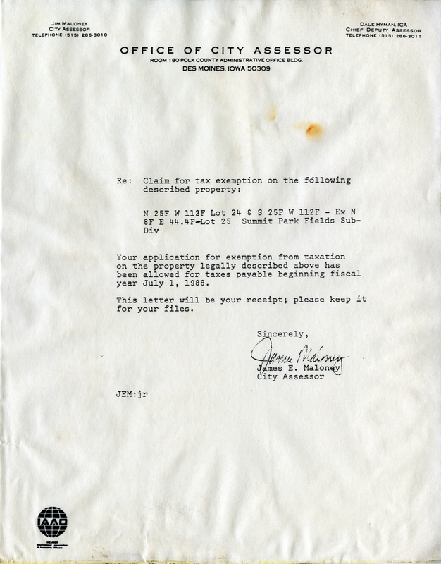 Written on letterhead from Office of City Assessor.