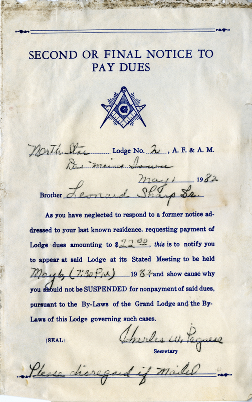 North Star lodge #2. Sent to Leonard Sharp Sr.