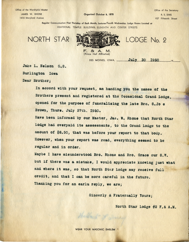 Correspondence Between Jake L. Nelson And North Star Lodge #2