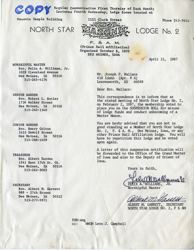 North Star lodge #2. Informing Joseph P. Wallace of not being in good standing with the lodge.