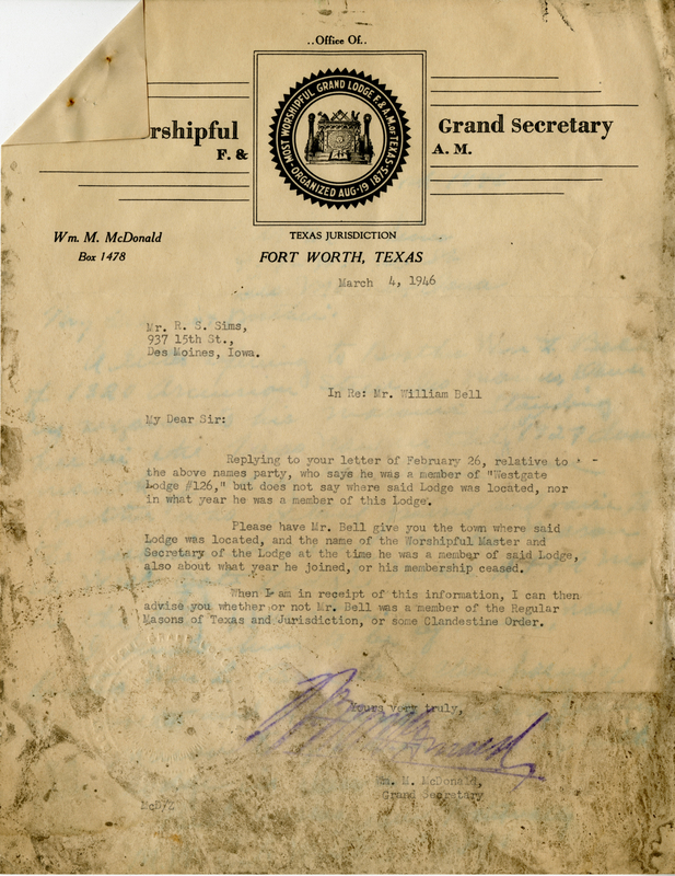 Flood damage, some text is illegible. Written on letterhead for Grand Lodge, Texas Jurisdiction.