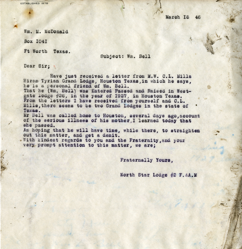 Correspondence Between Wm. M. Mcdonald And North Star Lodge #2