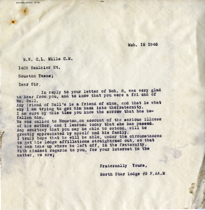 Correspondence Between C. L Mills And North Star Lodge #2