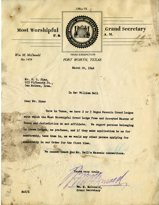 Written on letterhead for Grand Lodge, Texas Jurisdiction.