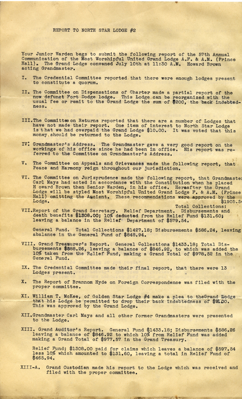 Report To North Star Lodge #2