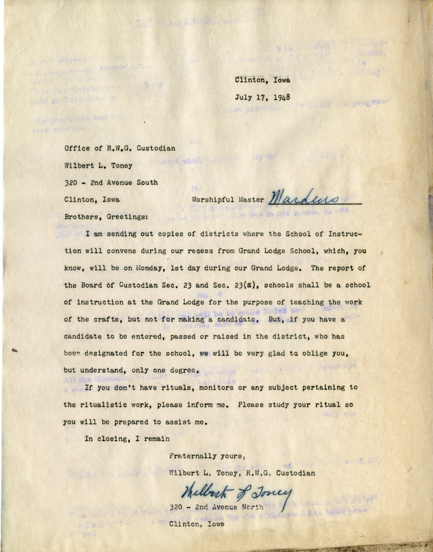Correspondence From Wilbert L. Toney