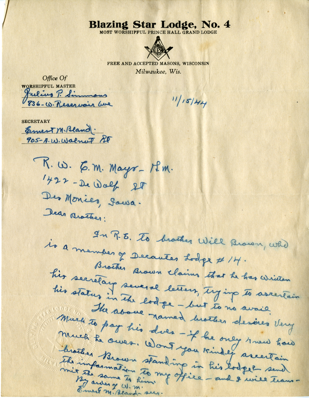 Written on letterhead from Blazing Star Lodge no. 4 of Milwaukee Wisconsin.