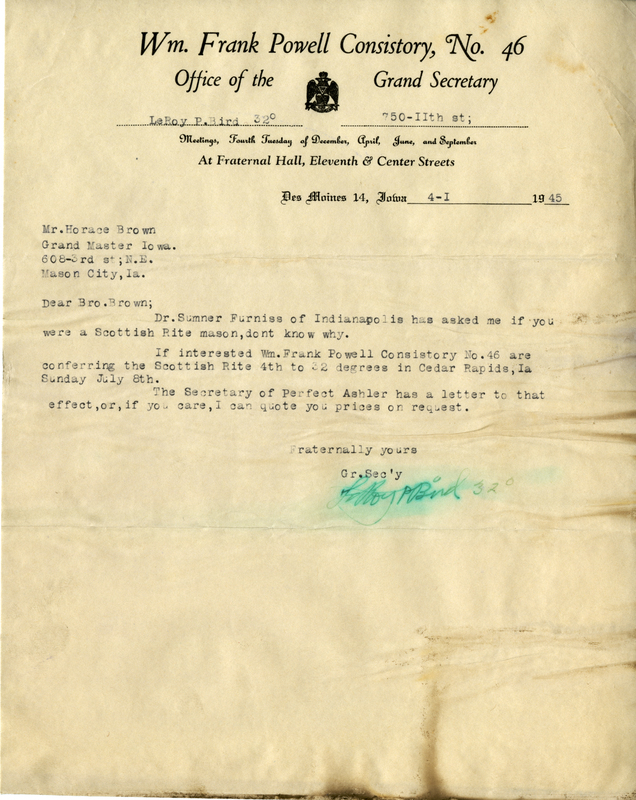 Written on letterhead from Wm. Frank Powell Consistory, No. 46.