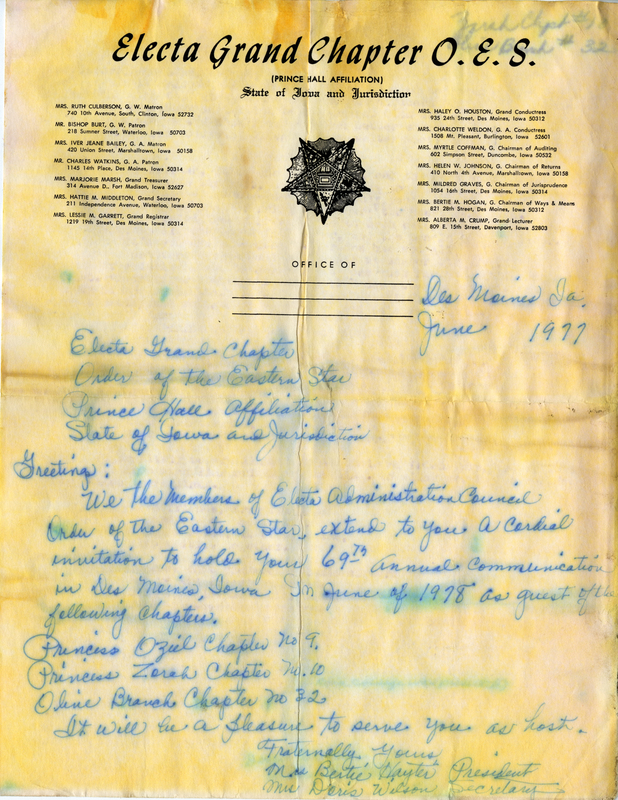 Written on letterhead from Electa Grand Chapter O. E. S. (Prince Hall Affiliation).