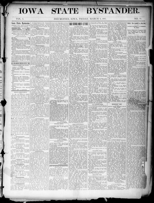 Contents include but are not limited to Afro-American Republican weekly edited by Charles S. Ruff containing a mixture of local, state and national news, community notices, advertisements and human-interest pieces: editorials on politics and civic responsibility; reports on African-Amerian civic organizing and church events in Iowa towns Des Moines, Ottumwa, Burlington, Mt. Pleasant, Oskaloosa, Keokuk crime and court items notably the bold Adel bank robbery and capture legal notices and divorce fillings postal, patent and railroad/transportation updates; accounts of regional and international events Armenian outrages, Cuban rebellion, eastern war news; medical testimonials and patent product ads; club, lodge and social news; and miscellaneous features.
