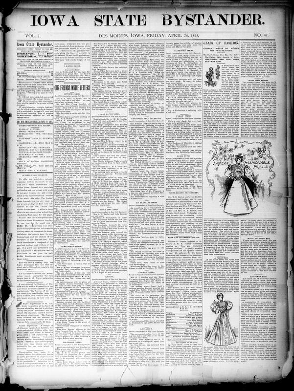 Contents include but are not limited to church services, Sunday schools, socials, receptions, graduations, weddings, illnesses, a hospital dedication, a fatal household fire, burglaries and a tabernacle panic with political and civic items such as lectures on free silver, Negro political organizing, crop and weather reports for Iowa, and courtroom outcomes notably Cora Smith-McCamly's life sentence. It also carries national and international briefs on Russo-Japanese and European diplomatic moves, British action at Nicaragua, Newfoundland-Canada talks, crime and trial reports, fashion and household columns, patent notices, advertisements for products and services, and cultural events and programs around Iowa and neighboring towns.
