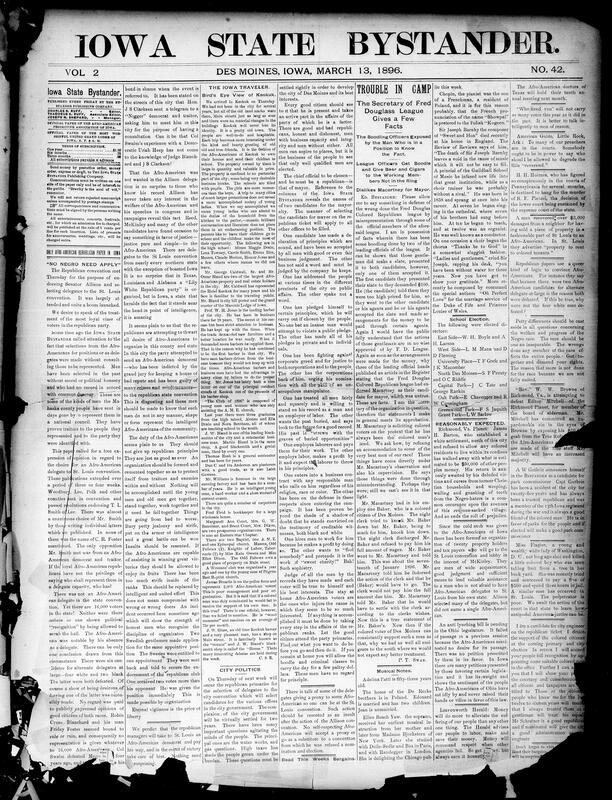 Contents include but not limited to a report on the state Republican convention endorsing Senator Allison and selecting delegates, complaints that Afro‑American delegates were shut out and calls for organized political unity and vigilance, a profile of Keokuk Afro‑American community noting property ownership, schools and local tradesmen, an unfolding city politics contest in Des Moines focusing on mayoral character and corporate influence, a Fred Douglas League scandal alleging boodling and slate selling, legislative activity on curfew, cigarettes, public health and veterans bills, violent incidents including a Des Moines shooting and a suicide by burning, land office contest delays over O’Brien strip claims, sensational personal scandals and disappearances in Cherokee and Eldora, Senate debate on Cuba and related investigations, and other topics.