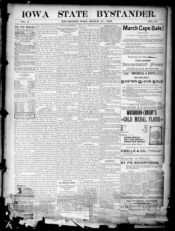 Contents include but not limited to reporting on political organization activities and candidate selections in Des Moines, with details of a large convention and unified support for nominees, local electoral nominations and party unity, coverage of racial tensions and debates over representation in public offices with specific critiques and responses, accounts of violent incidents including a fatal hunting accident and a saloon shooting with victims named, legal disputes over school discipline and a court case about a suspended pupil with procedural detail, reports of major fires destroying warehouses and newspaper property with loss estimates, updates on strikes and laborers facing starvation, international news on Cuban insurgent landings and arms shipments, and other topics.