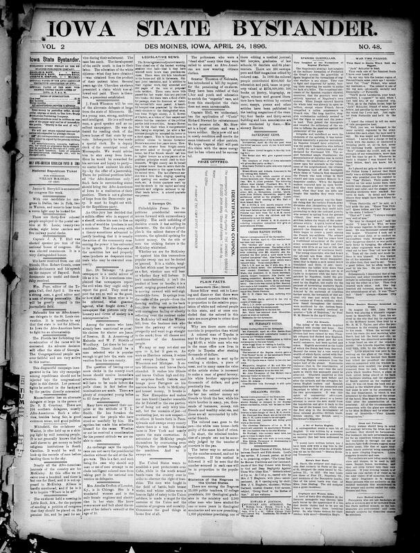 Contents include but not limited to reports on political activity and conventions with rising support for a major presidential candidacy, postal service employment numbers and nominations for congressional races, state legislative work with heavy bill and code revision loads and salary and appropriations actions, agricultural conditions and a favorable crop bulletin with planting and pasture reports, local civic disputes including Sioux City school society conflict, notable fires and property losses in Iowa towns, international coverage of Cuban insurgent movements and Spanish military response with concerns about commissions, African battles near Khartoum with heavy casualties, a tornado in Ohio causing deaths and damage, a farmer claiming metal transmutation using X rays, and other topics.