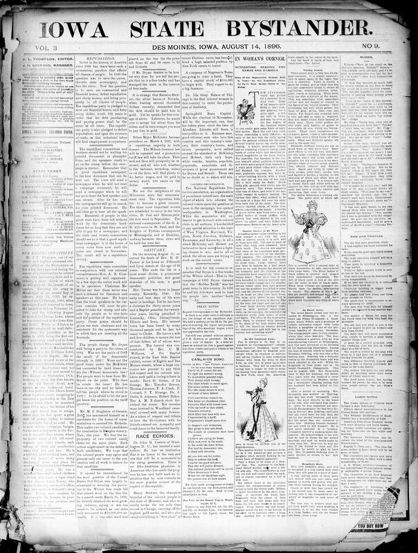 Contents include but are not limited to obituaries, Bystander compares financial crisis to Civil War stakes, Virgie Whitsett writes campaign song supporting Republicans and criticizing Democrats, fashion column details summer gowns and theater attire trends, small cyclone hits Eldora, Iowa, causing significant property damage, Hiram Wheeler sells largest general purpose farm in Iowa, cyclist Anderson rides mile in 1:03 paced by locomotive, intense heat wave kills hundreds in New York City, and other topics.