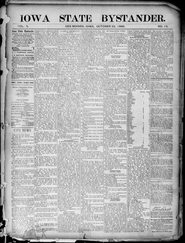 Contents include but are not limited to Des Moines Colored McKinley Club holds rally and Vance addresses crowd, Bystander warns Black voters against Bryan citing Southern disenfranchisement, ex-consul John L. Waller campaigns for Republicans in Kansas, economic statistics cited to favor McKinley over current depression, Bystander predicts landslide McKinley victory with 302 electoral votes, Nicaragua, Honduras, and Salvador unite as Greater Republic of Central America, and other topics.