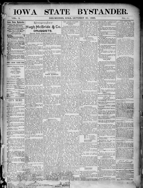 Contents include but are not limited to community news (Boone, Marshalltown, etc.), Jacob Howard warns Black voters against supporting Bryan and Democrats, Des Moines Colored Republican rally features Vance speech and parade, Rev. Albert Meadows dies suddenly of heart disease in Dubuque, H.B. Reading Circle issues condolence resolutions for Mrs. C.A. Williams, Mott Watson trial ends, France census shows slight population increase due to immigration, experiments confirm Midwest potential for profitable sugar beet industry, fire destroys Burkhalter hardware store in Pocahontas Center, and other topics.