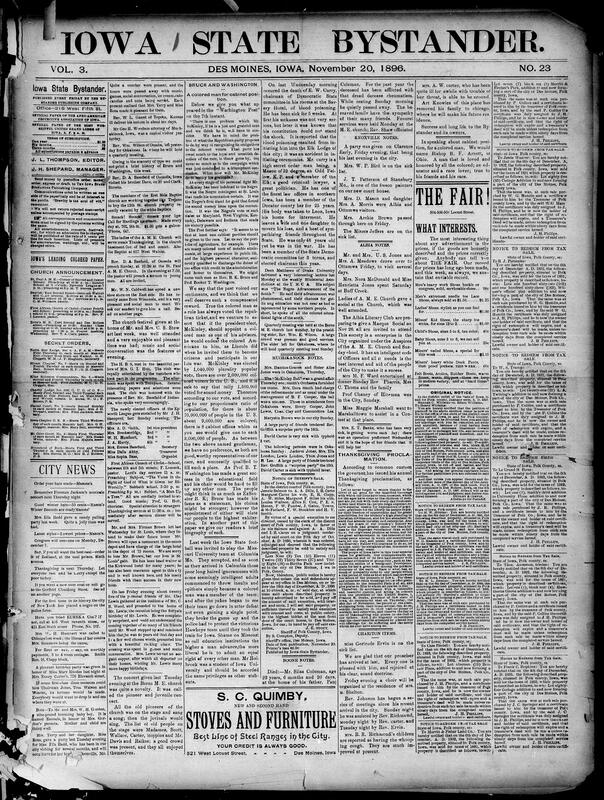 Contents include but are not limited to community news (Knoxville, Chariton, etc.), McKinley urged to appoint Black cabinet member with B.K. Bruce and B. T. Washington suggested, University of Iowa football team mobbed in Missouri over Black player Holbrook, Democratic Chair E.W. Curry dies following lodge initiation accident, Governor Drake issues Thanksgiving proclamation citing Iowa’s prosperity and peace, Grandson confesses to Krekel murder and implicates son as accessory, Cuban insurgents capture Guayamaro and Weyler forced to take field, Manitoba resolves school question by establishing national system with religious options, and other topics.