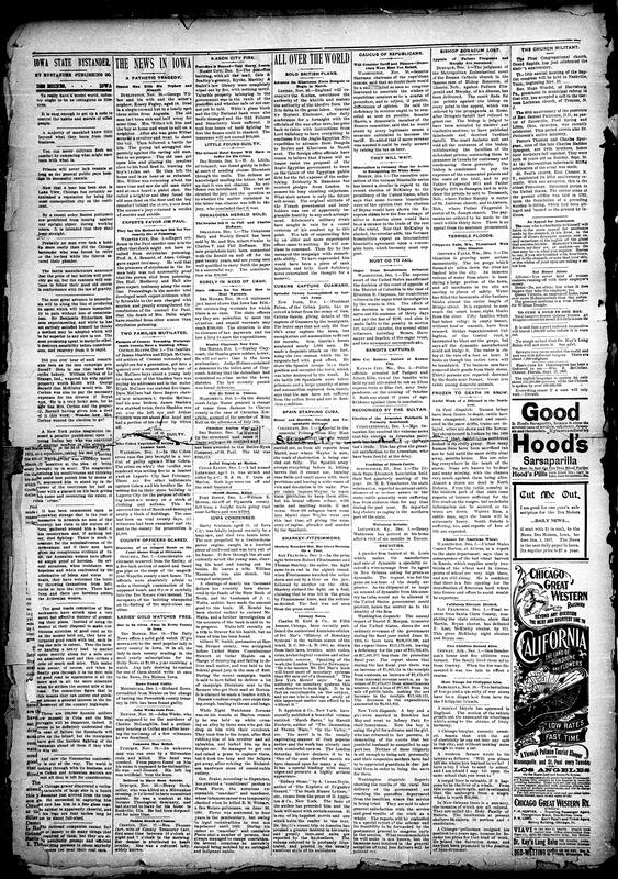 Contents include but are not limited to community news (Keokuk, Cedar Rapids, etc.), Coalsons celebrate twentieth anniversary with surprise party and mock wedding, Freedmen's Hospital nurses' school reports seventeen graduates and curriculum details, auditor uncovers nine thousand dollars stolen by corrupt city officials, man kills nephew and commits suicide near Augusta (Iowa), Mason City fire destroys post office, grocery, and law library, Britain plans March advance to reconquer Sudan under General Kitchener, General Garcia's Cuban forces capture Guamaro and seize Spanish arms, and other topics.