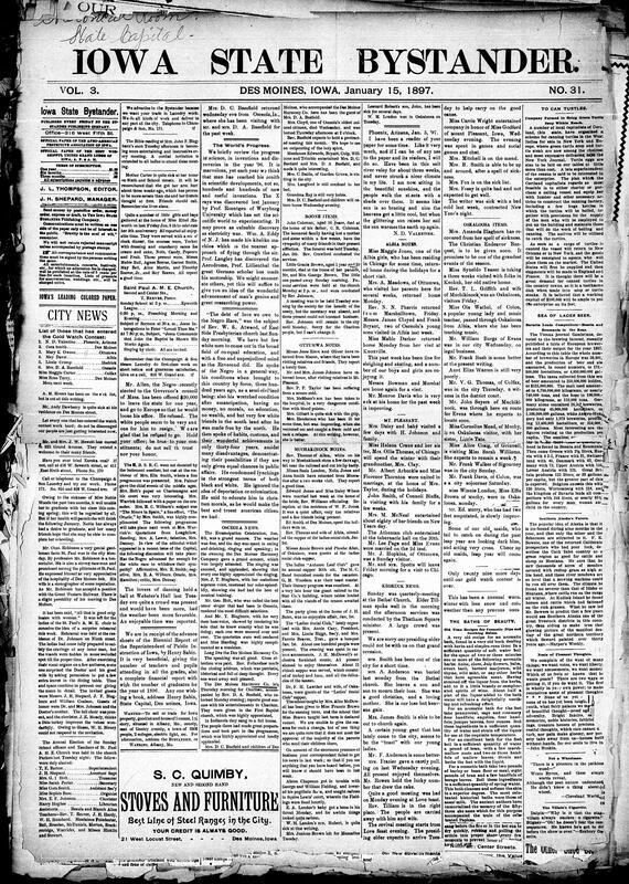 Contents include but are not limited to reflections of scientific progress in 1896 (X-rays, aviation, and inventions reviewed), European beer production and consumption statistics detailed for 1887, historical recipes for aromatic, cosmetic, and soothing herbal baths, jeweler robbed of diamonds and sprinting medals stolen in Iowa City, Agricultural Society elects officers and recommends Wilson for cabinet position, Cuban insurgents ambush Spanish troops and filibustering expedition lands successfully, Indianapolis Monetary Conference advocates gold standard and banking currency reforms, and other topics.