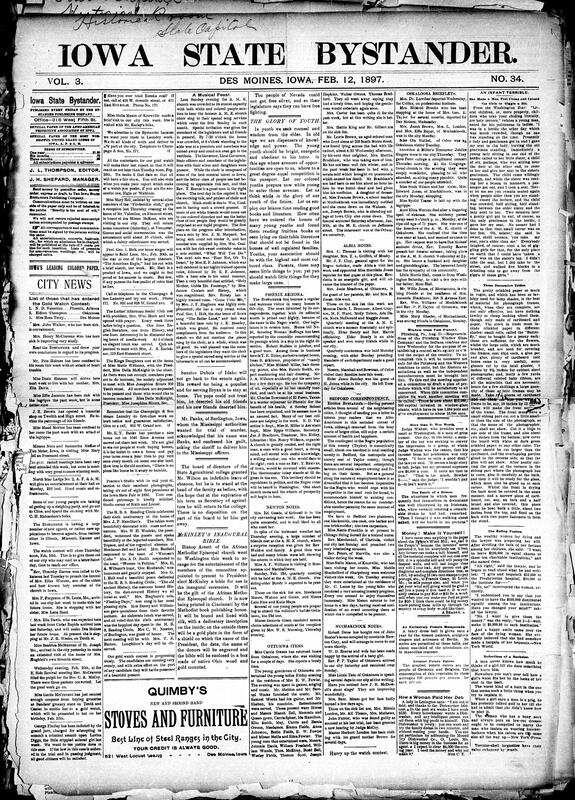Contents include but are not limited to community news (Bedford, Newton, etc.), AME Church choir performs special service for Governor and legislature, AME Church donates Bible for President McKinley's inaugural ceremonies, Bystander encourages youth to seek wisdom, education, and good associations, child embarrasses polite man on herdic by offering her seat, Frank Novak sought for murder and arson after Walford fire, British refusal to leave Egypt angers France and Russia, and other topics.