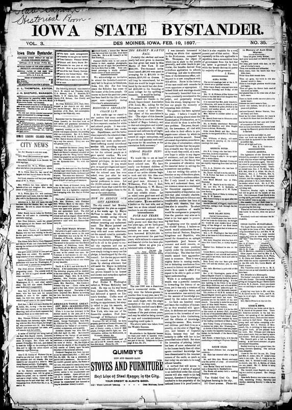 Contents include but are not limited to community news (Albia, Rock Island, etc.), Bystander condemns Missouri's proposed separate coach law and urges opposition, council rejects Mayor McVicar's plan to reduce city expenses, statistics show increased commercial failures and financial hardship since 1893, Bystander criticizes extravagant cost of New York’s Bradley-Martin ball, Cedar Rapids palmist and doctor arrested for medical fraud conspiracy, Greek troops invade Crete and European powers intervene to prevent war, and other topics.