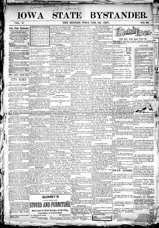 Contents include but are not limited to weddings, Washington's Birthday celebrated across cities to inspire national patriotism, farewell editorial critiques Cleveland’s administration for financial distress and deficits, community news (Rock Island, Cedar Rapids, etc.), Judge Thomas confirms Pearsons’ title in Owl Lake land dispute, Des Moines company develops process to manufacture soap from corn, Great Powers intervene as Greece attempts to annex Crete, death of American Dr. Ruiz in Cuba sparks diplomatic tension, and other topics.